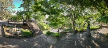 Corner of old Odessa near Mother in law bridge to Primorsky Boulevard in a spring morning. Panorama view.