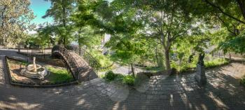 Corner of old Odessa near Mother in law bridge to Primorsky Boulevard in a spring morning. Panorama view.