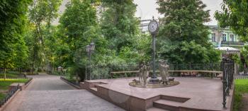 ODESSA, UKRAINE - 05.19.2018. Panoramic view in the Odessa City garden, Ukraine, on a sunny spring morning