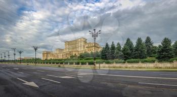 BUCHAREST, ROMANIA - 07.20.2018. Panoramic view of the Romanian parliament in Bucharest in a gloomy summer morning