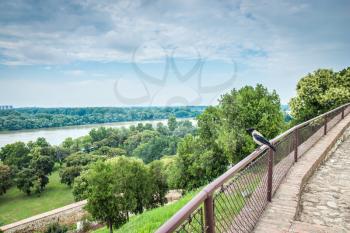 Panoramic view of the Danube and Sava rivers from the Belgrade fortress and Kalemegdan in Serbia on a cloudy summer day