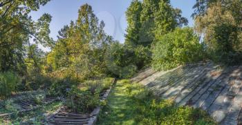 Cozy deserted corner of the old botanical garden in Odessa, Ukraine, on a sunny autumn day