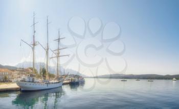 Tivat, Montenegro - 07.11.2018. Cruise ship in sea port, Embankment of Tivat city, Montenegro, in a sunny summer day