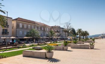 Tivat, Montenegro - 07.11.2018. Embankment of Tivat city, Montenegro, in a sunny summer day. The beginning of the cruise on the Bay of Kotor.