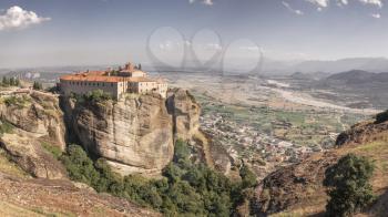 Panoramic view of the Varlaam Monastery in Meteora, Kalambaka town in Greece, on a sunny summer day