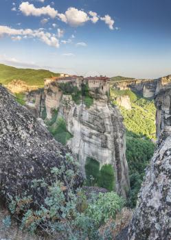 Panoramic view of the Varlaam Monastery in Meteora, Kalambaka town in Greece, on a sunny summer day