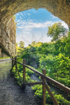 Panoramic view inside the Devetashka Cave near Devetaki village and Osam river in Bulgaria