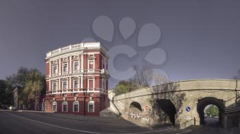 Panoramic view of historic real estate of Pommer and Saboneev bridge in Odessa, Ukraine