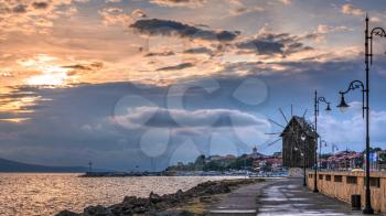 Nessebar, Bulgaria – 07.10.2019.  Old windmill on the way to the ancient city of Nessebar in Bulgaria