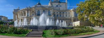Odessa, Ukraine - 10.14.2019. Fountain on Theater Square in Odessa, Ukraine, on a sunny autumn day