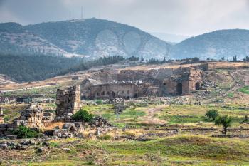 Pamukkale, Turkey – 07.15.2019. Hierapolis Ancient Theatre in the Ancient city on a sunny summer day