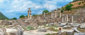 Prytaneion ruins near the State Agora in antique Ephesus city, Turkey, on a sunny summer day