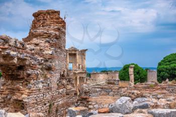 Ruins of Scholastica Bath in antique Ephesus city on a sunny summer day