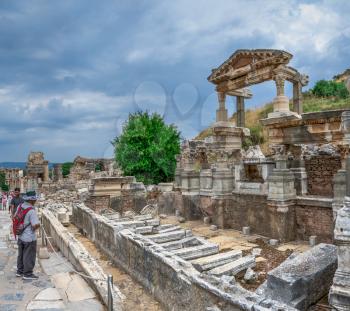 Ephesus, Turkey – 07.17.2019. Ruins of The Fountain of Trajan in antique Ephesus city, Turkey, on a sunny summer day