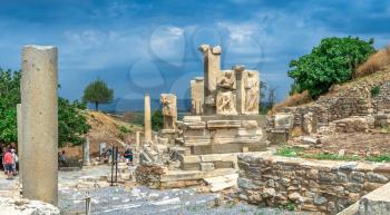 Ephesus, Turkey – 07.17.2019. The Ruins of The Polyphemus statues of Pollio Fountain in antique Ephesus city, Turkey, on a sunny summer day