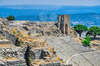 Pergamon, Turkey -07.22.2019. The ruins of an Ancient Theatre in the greek city of Pergamon in Turkey on a sunny summer day