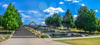 Zaporozhye, Ukraine 07.21.2020. Rainbow Cascade of fountains in Voznesenovsky park on a sunny summer morning