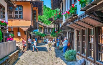 Craftsman street in the Etar Architectural Ethnographic Complex in Bulgaria on a sunny summer day