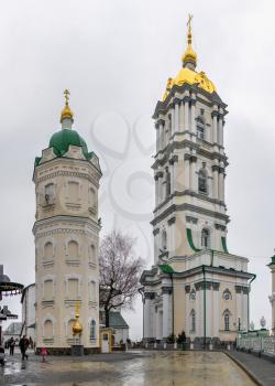 Pochaev, Ukraine 01.04.2020.  Holy Dormition Pochaev Lavra in Pochaiv, Ukraine, on a gloomy winter morning before Orthodox Christmas