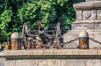 Ruse, Bulgaria - 07.26.2019. Cannon on the Freedom Monument in the city of Ruse, Bulgaria, on a sunny summer day