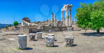 Pergamon, Turkey -07.22.2019. Agora in the Ruins of the Ancient Greek city Pergamon in Turkey. Big size panoramic view on a sunny summer day
