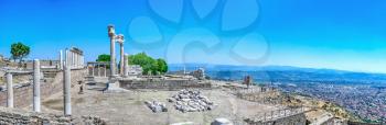 Agora in the Ruins of the Ancient Greek city Pergamon in Turkey. Big size panoramic view on a sunny summer day