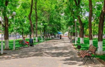 Izmail, Ukraine 06.07.2020. Suvorov Avenue in the city of Izmail, Ukraine, on a sunny summer day