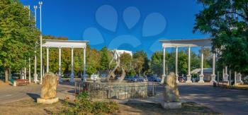 Chernomorsk, Ukraine 08.22.2020. Seaside park and boulevard in Chernomorsk city on a sunny summer morning