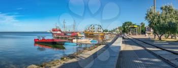Berdyansk, Ukraine 07.23.2020. Pleasure boats on the embankment of the Azov Sea in Berdyansk, Ukraine, on a summer morning