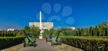 Chernomorsk, Ukraine 08.22.2020. Obelisk of Glory in Chernomorsk city on a sunny summer morning