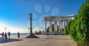 Chernomorsk, Ukraine 08.22.2020. Seaside Yuonost park and boulevard in Chernomorsk city on a sunny summer morning