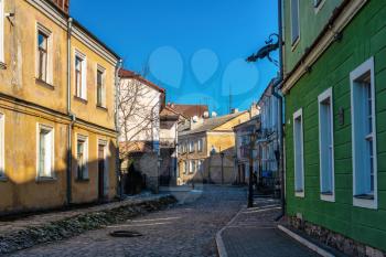 Kamianets-Podilskyi, Ukraine 01.07.2020. The old street of Kamianets-Podilskyi historical centre in old town quarter, on a sunny winter morning
