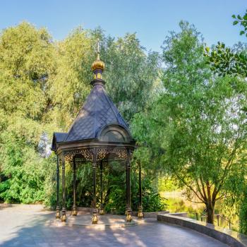 Svyatogorsk, Ukraine 07.16.2020.  Chapel of water, Svyatogorsk Lavra, Ukraine, on a sunny summer morning