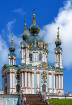 Kyiv, Ukraine 07.11.2020. The St. Andrew Church and The Andriyivskyy Descent in Kyiv, Ukraine, on a sunny summer day