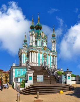 Kyiv, Ukraine 07.11.2020. The St. Andrew Church and The Andriyivskyy Descent in Kyiv, Ukraine, on a sunny summer day