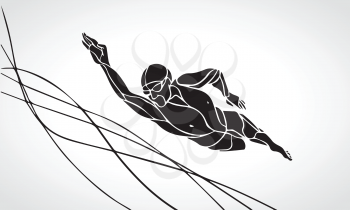 Freestyle Swimmer Black Silhouette. Sport swimming, front crawl. Vector Professional Swimming Illustration