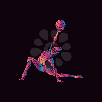 Creative silhouette of gymnastic girl. Art gymnastics with ball, vector illustration or banner template in trendy abstract colorful neon waves style on black background
