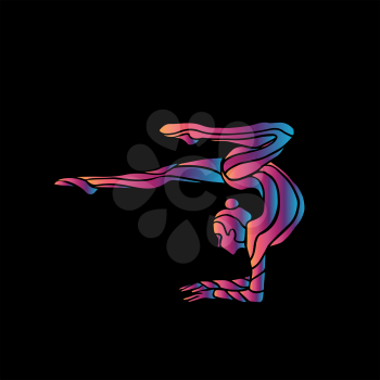 Creative silhouette of gymnastic girl. Art gymnastics woman, illustration or banner template in trendy abstract colorful neon waves style on black background