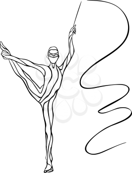 Creative silhouette of gymnastic girl. Art gymnastics with ribbon, black and white vector illustration