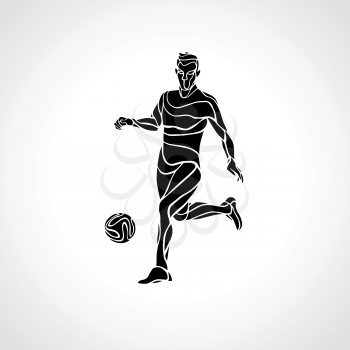 Soccer or football player kicks the ball. Abstract line art vector silhouette. Illustration on white background.