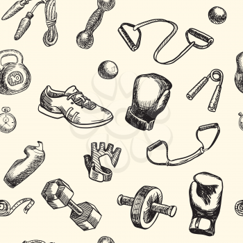 Fitness doodle hand drawn pattern. Sports, gym and training Seamless vector background. Seamless pattern can be used for wallpaper, pattern fills, web page background, surface textures.