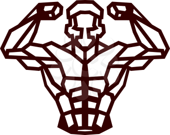 Polygonal outline vector bodybuilder logo. Sportsman shows his biceps. Fitness gym label