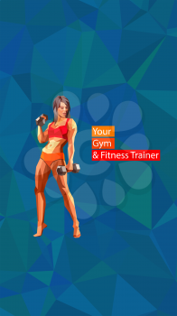Colored posing fitness woman with dumbbells, silhouette. Vector illustration