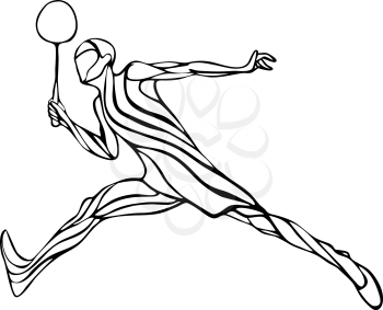 Silhouette of abstract badminton player doing smash shot. Black and white outline professional badminton player.