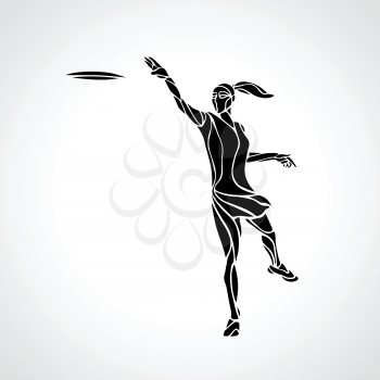 Female player is throwing flying disc. Silhouette of disc golf player. Vector lineart illustration