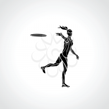 Female player is throwing flying disc. Silhouette of disc golf player. Vector lineart illustration