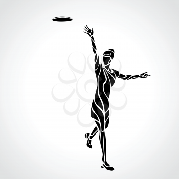 Female player is throwing flying disc. Silhouette of disc golf player. Vector lineart illustration