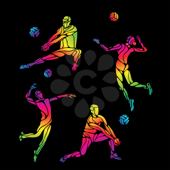 Vector volleyball players set, people silhouettes, summer game activity. Spectrum color silhouettes collection. Eps 8