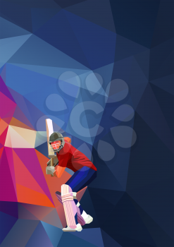 Low polygon style illustration of a cricket player batsman with bat batting set on colorful background. Eps 10