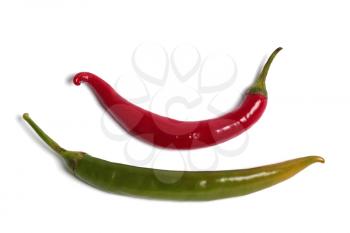 Red and green hot chili peppers isolated on white background
